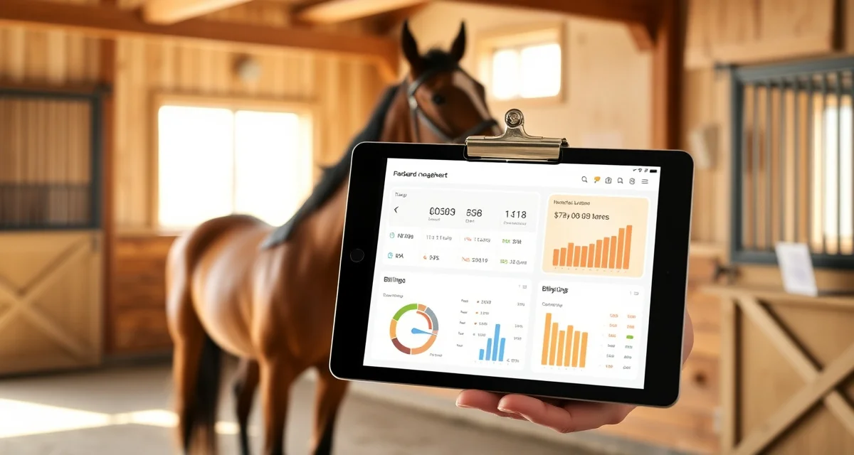 Barn management software dashboard displaying horse health monitoring, medication tracking, and billing features for stable operations.