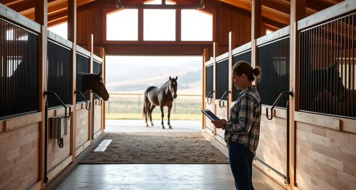 Barn management software interface displayed on tablet in modern horse facility near Great Falls, Montana with organized stalls in background.
