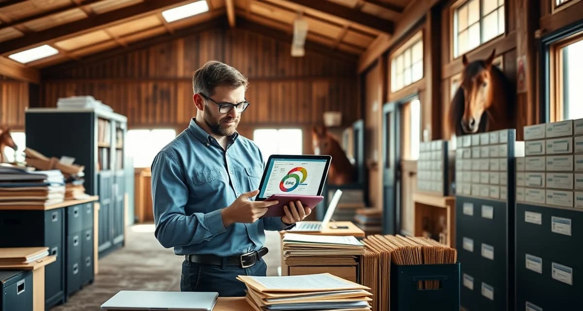 Barn manager using digital barn management software on tablet to organize scheduling, billing, and horse care records