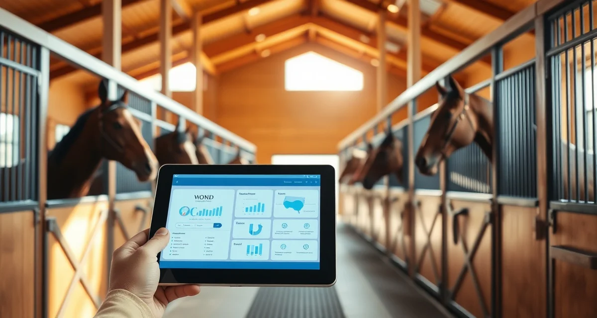 Modern barn management software interface displayed in a professional Connecticut horse stable facility with organized stalls and natural lighting