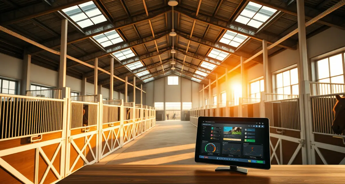 Modern barn management software dashboard displaying horse facility operations and billing cycles for Indiana equine facilities