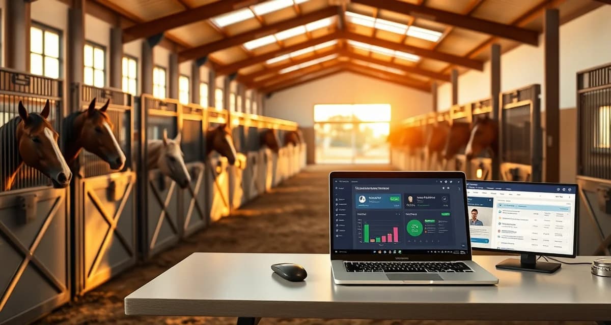 Modern horse barn interior with barn management software displayed on computer for Jackson Mississippi equestrian facilities