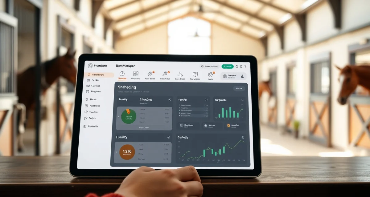 Digital barn management software dashboard displayed on tablet in horse facility office with organized schedules and care records