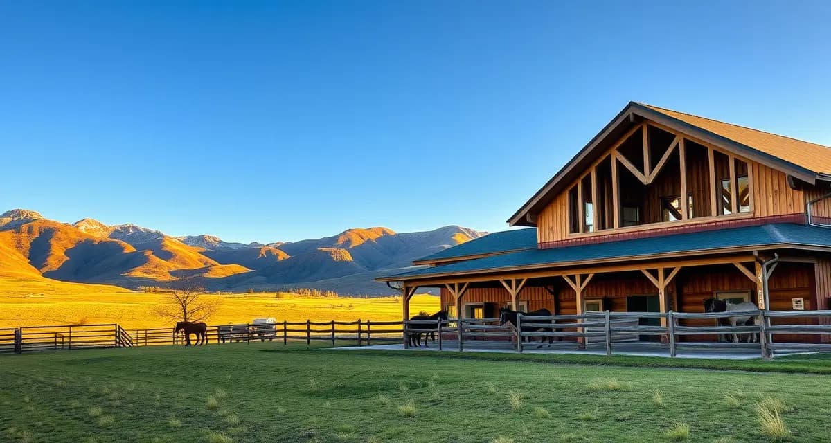 Modern horse barn management facility in Laramie, Wyoming with organized stables and mountain views in background