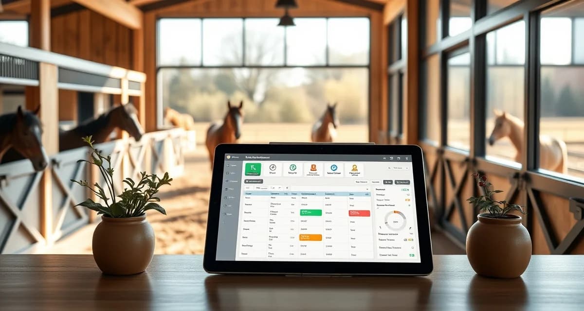 Barn management software interface displayed on tablet in modern horse stable office with organized scheduling features for Lincoln area equestrian facilities.