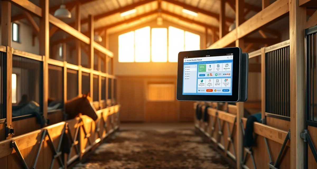 Modern horse barn management software interface displayed on tablet in organized equestrian facility with clean stalls and professional setup.