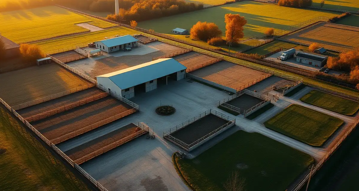 Modern horse barn facility near Nashville Tennessee with organized stables and paddocks for equestrian management