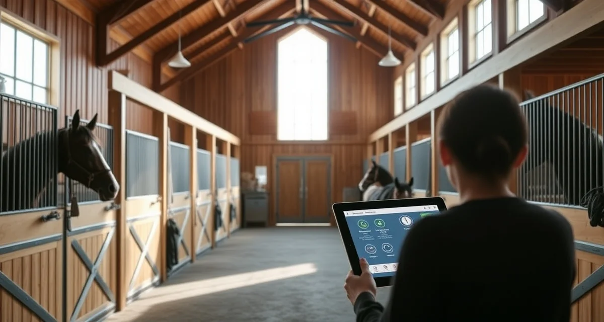 Modern horse barn interior in New Hampshire with organized stalls and digital management system displayed on tablet for equestrian facility operations.