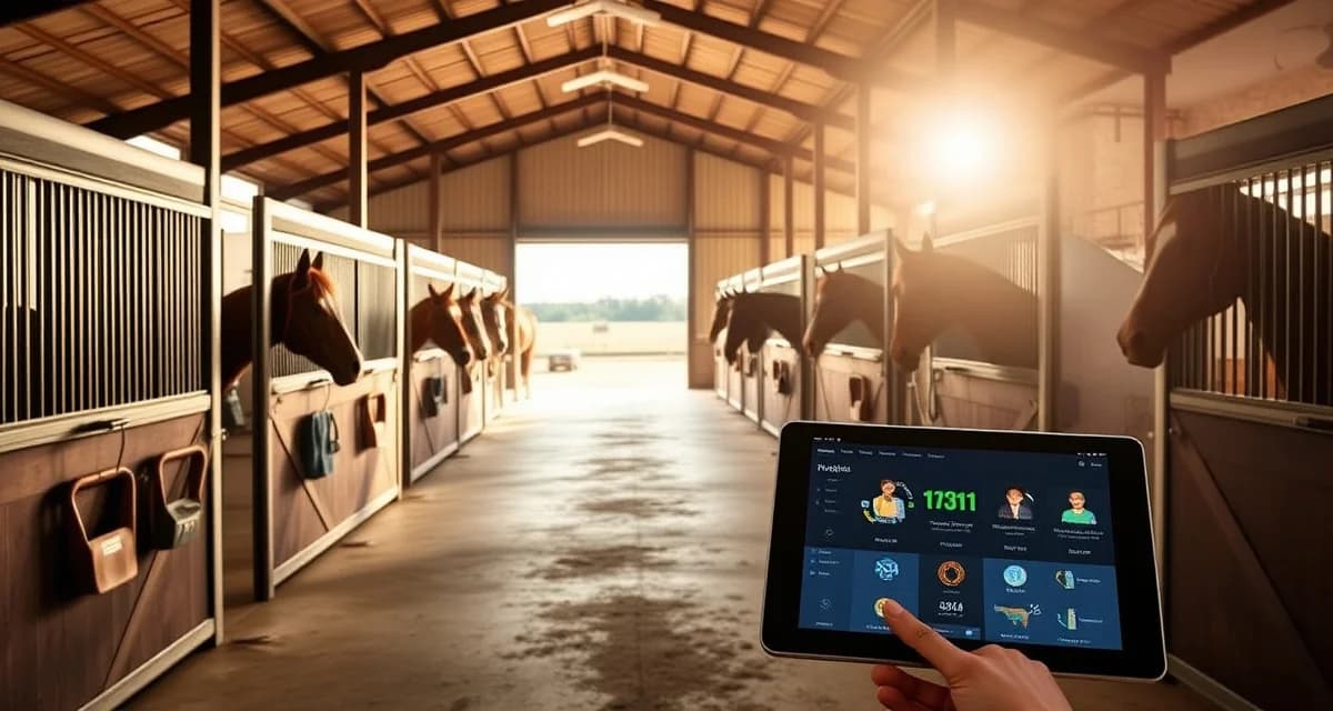 Modern barn management software interface displayed on tablet in Oklahoma horse facility with organized stalls and professional stable infrastructure.