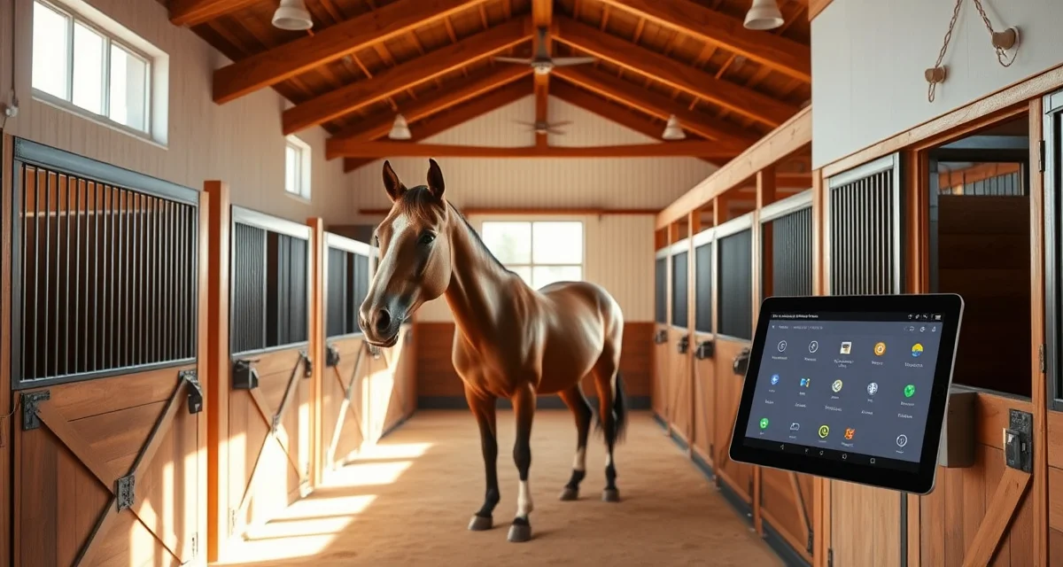 Modern horse barn interior with organized stalls and digital management system for Pittsburgh equestrian facilities