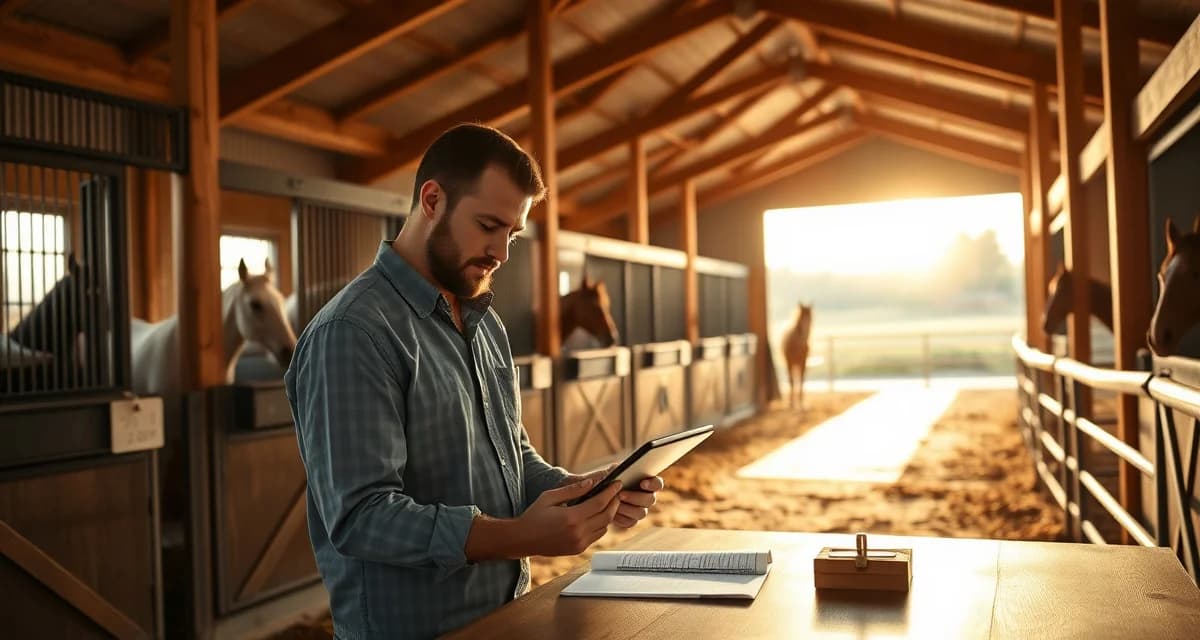 Barn manager using barn management software on tablet in modern horse stable facility in San Antonio, Texas