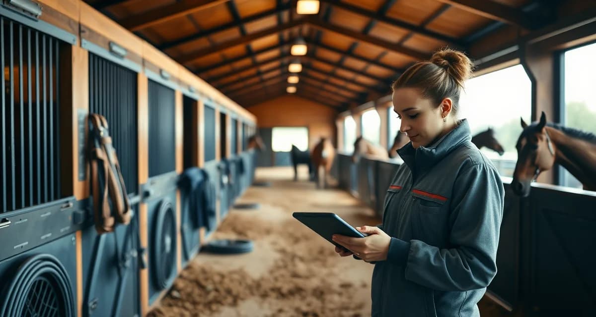 Barn management software interface displayed on tablet in modern San Diego horse facility with organized stalls and equipment storage visible.