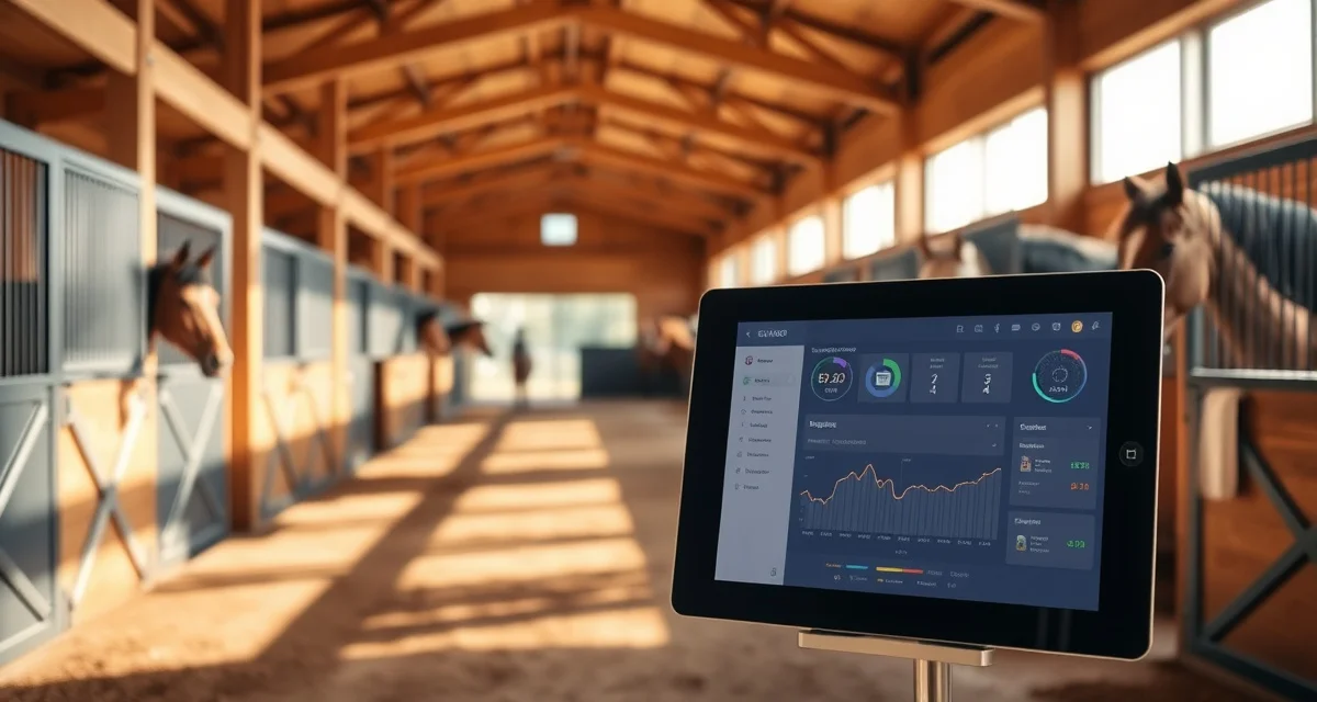 Professional barn management software interface displayed on tablet in modern Seattle-area horse facility with organized stalls and natural lighting