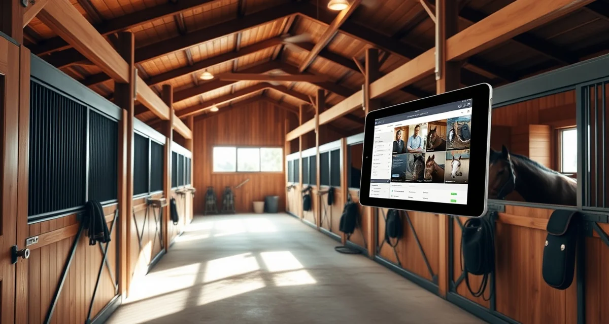Organized horse barn with digital barn management software interface displayed on tablet, showing efficient stable operations in South Dakota.
