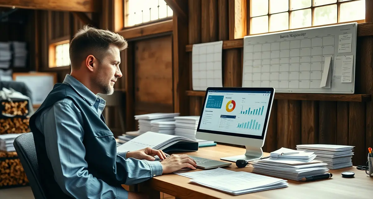 Barn manager using intuitive barn management software on laptop to organize horse care schedules and records for small facilities