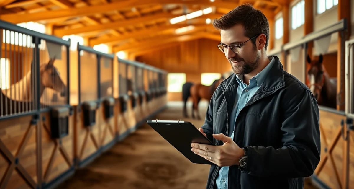 Modern barn management software interface displayed on tablet in professional horse facility near St. Louis, Missouri.