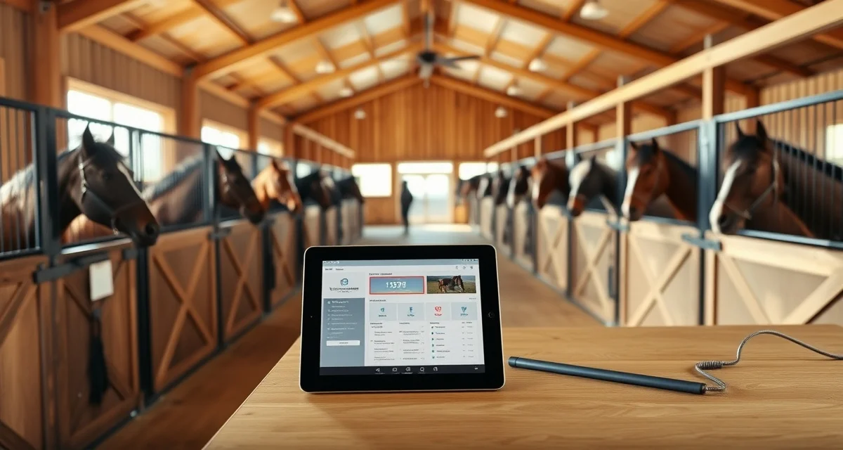 Modern barn management software interface displayed on tablet in organized Texas horse facility with professional stall management system