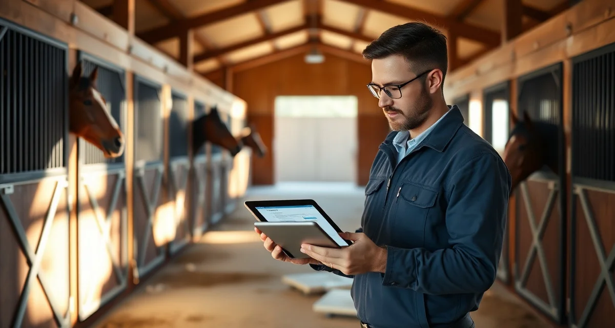 Barn manager planning software transition with digital tools in organized horse stable facility