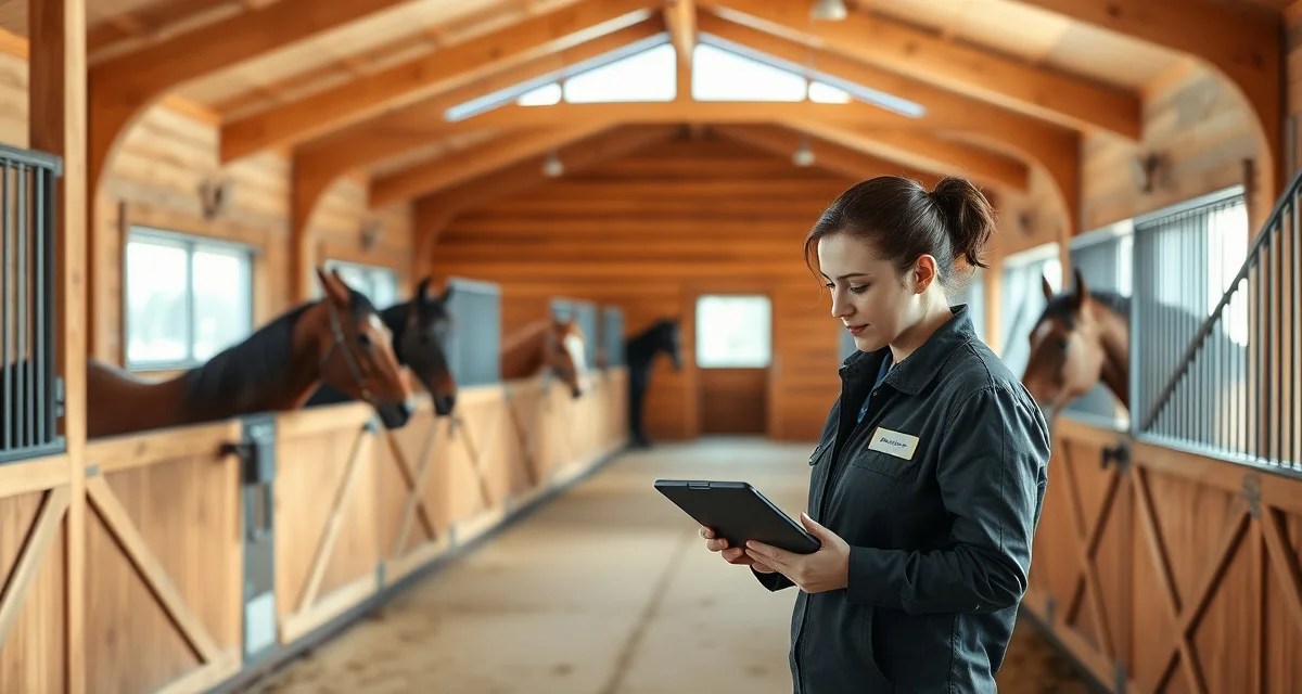 Modern horse barn interior with barn manager using tablet for digital barn management software to track equine care records