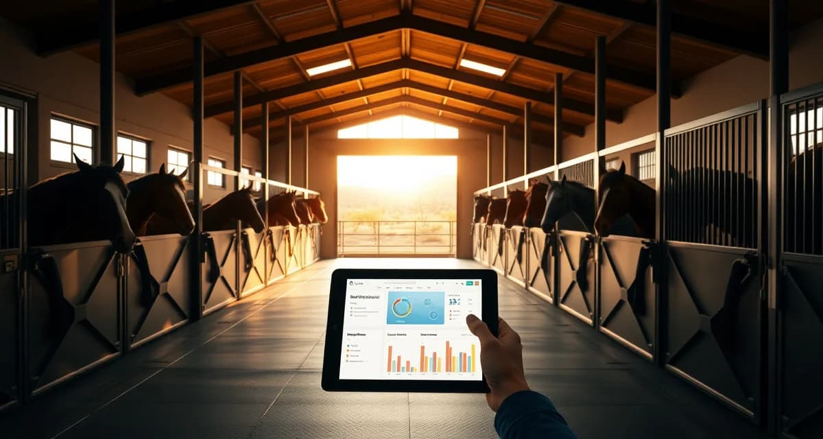 Professional barn management software interface displayed in a modern Arizona horse facility with organized stalls and digital organization tools
