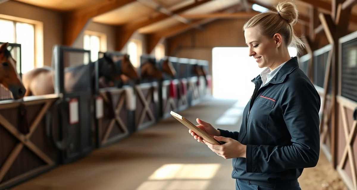 Barn manager using horse stable management software on tablet instead of spreadsheets for efficient farm operations