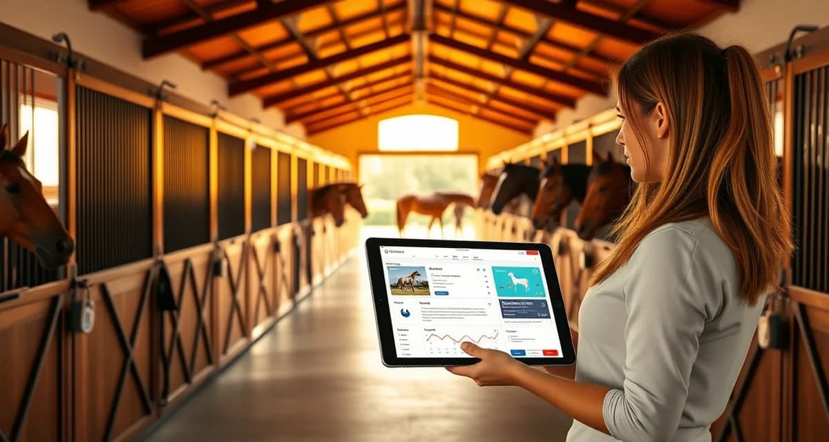 Modern barn management software interface displayed on tablet in professional Wellington Florida horse facility with organized stalls and digital organization tools