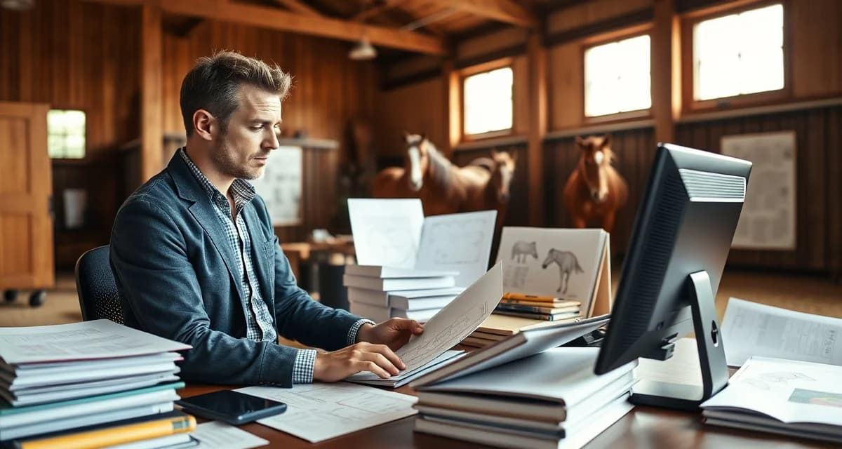 Barn manager reviewing certification requirements and credentials at desk with equine facility management software displayed on computer screen
