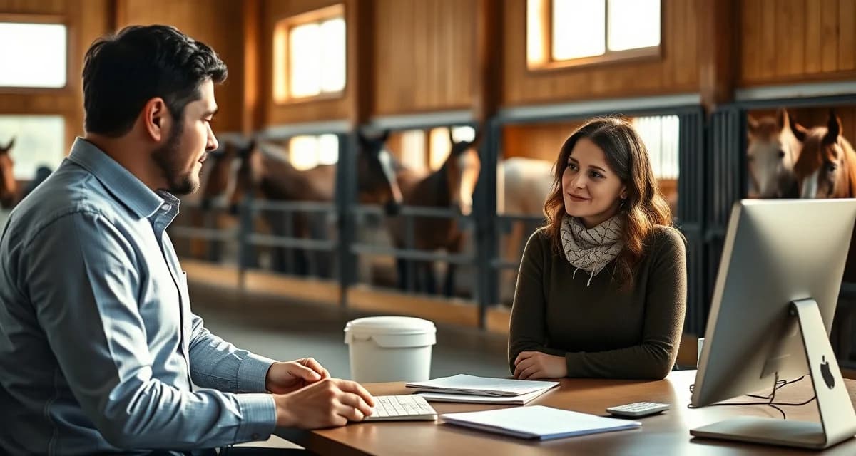 Barn manager discussing complaint resolution with horse owner in stable office setting, demonstrating professional communication