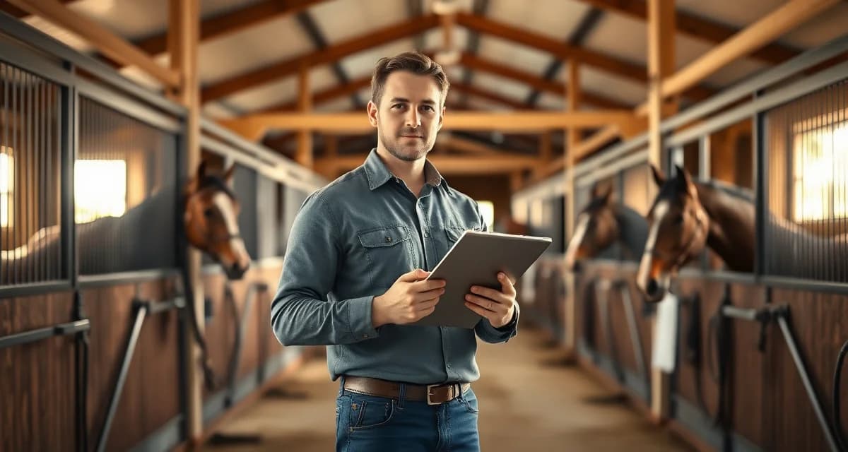 Experienced barn manager reviewing stable management tasks and horse care responsibilities during morning barn rounds.