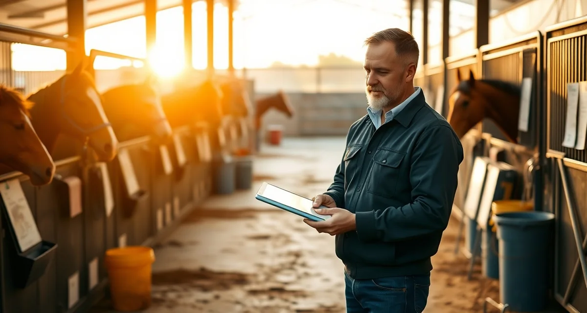 Barn manager using digital management software during morning stable operations with horses visible in background