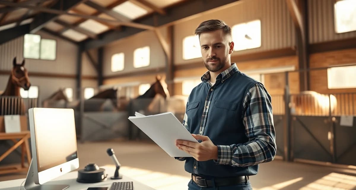 Barn manager reviewing operations checklist during first 90 days at horse facility to establish standard procedures