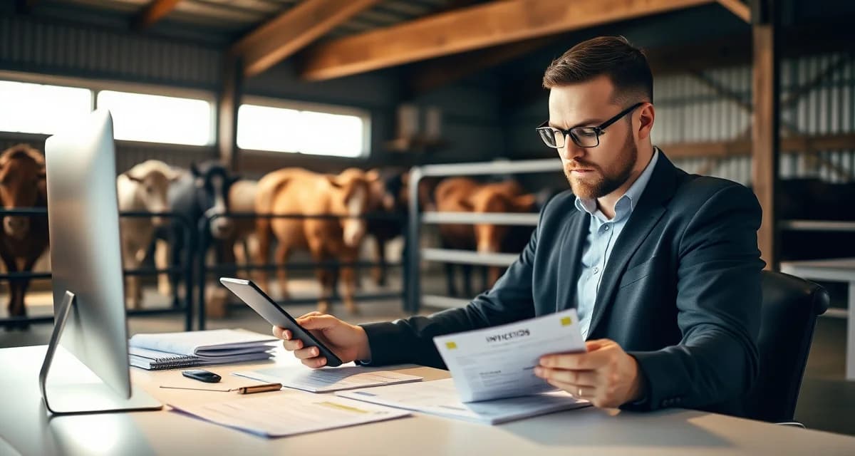 Barn manager reviewing invoices on tablet and paperwork to catch billing errors and ensure accurate horse boarding charges