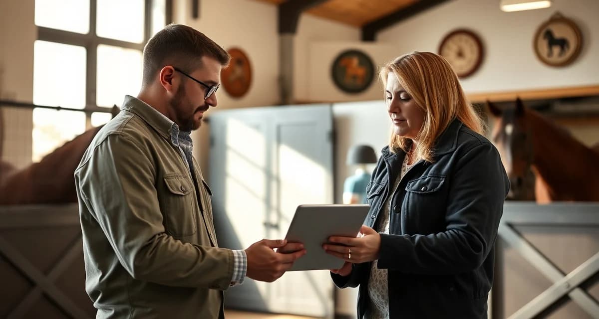 Barn manager discussing horse care communication with owner using tablet in modern stable office