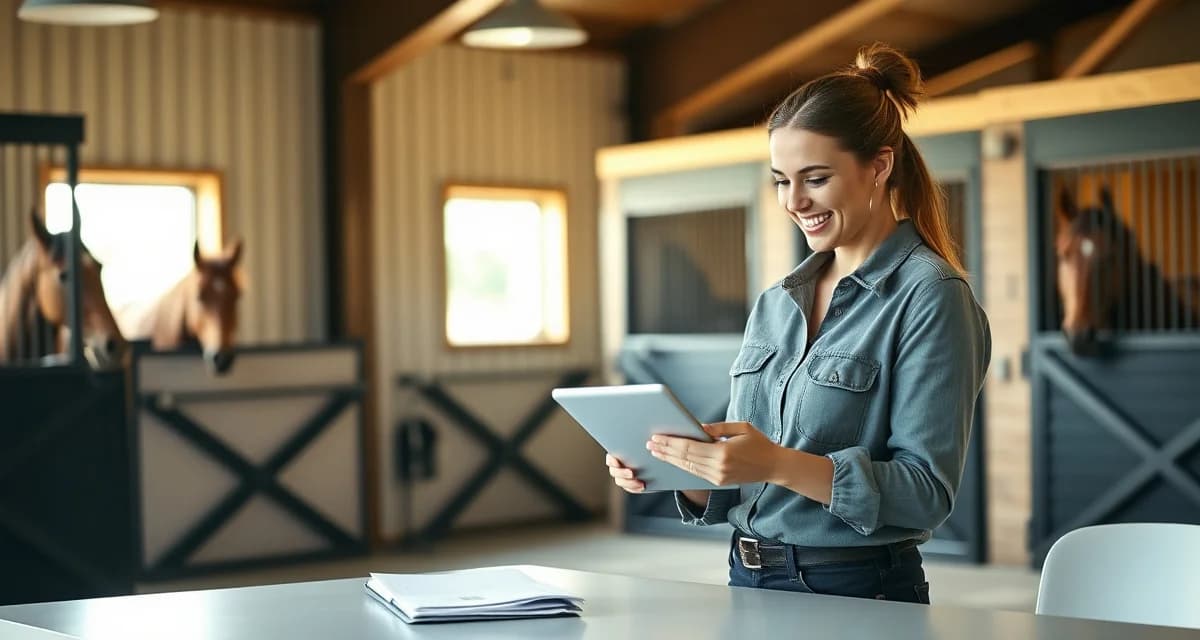 Barn manager communicating with horse owner at stable discussing boarding care and barn management