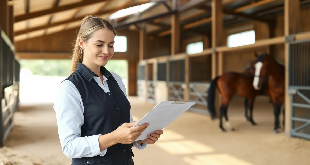 Barn manager and horse owner reviewing written health event escalation protocol documentation in equine facility