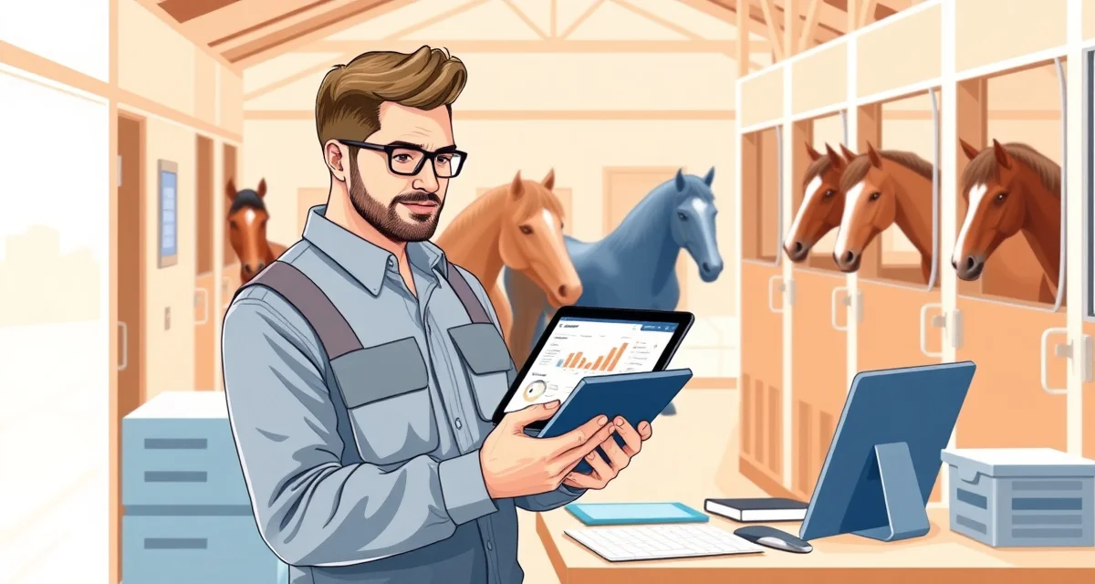 Barn manager using integrated equine management software on tablet to streamline stable operations and reduce tool switching