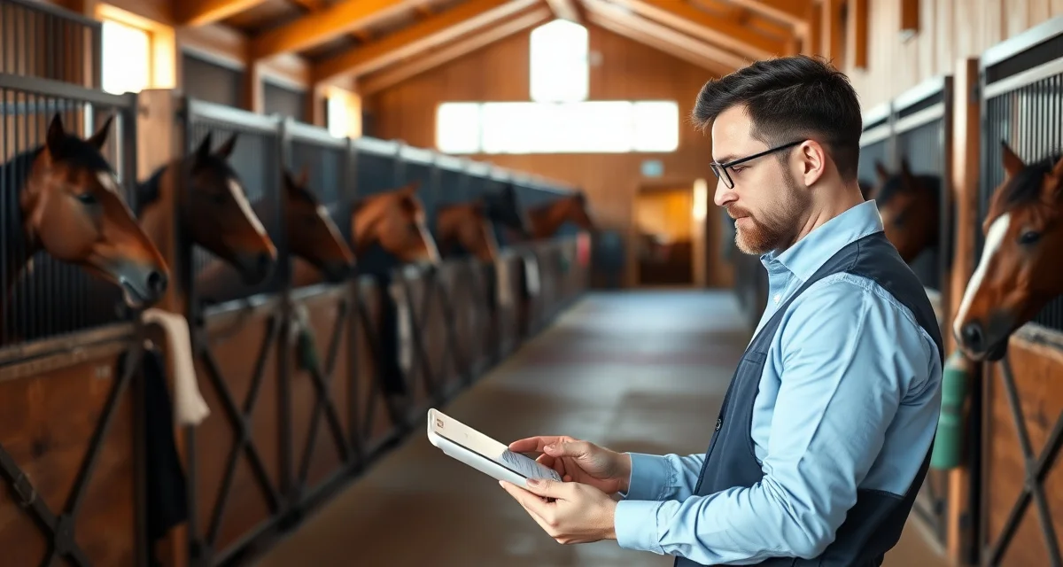 Barn manager reviewing digital horse management records on tablet in organized stable facility