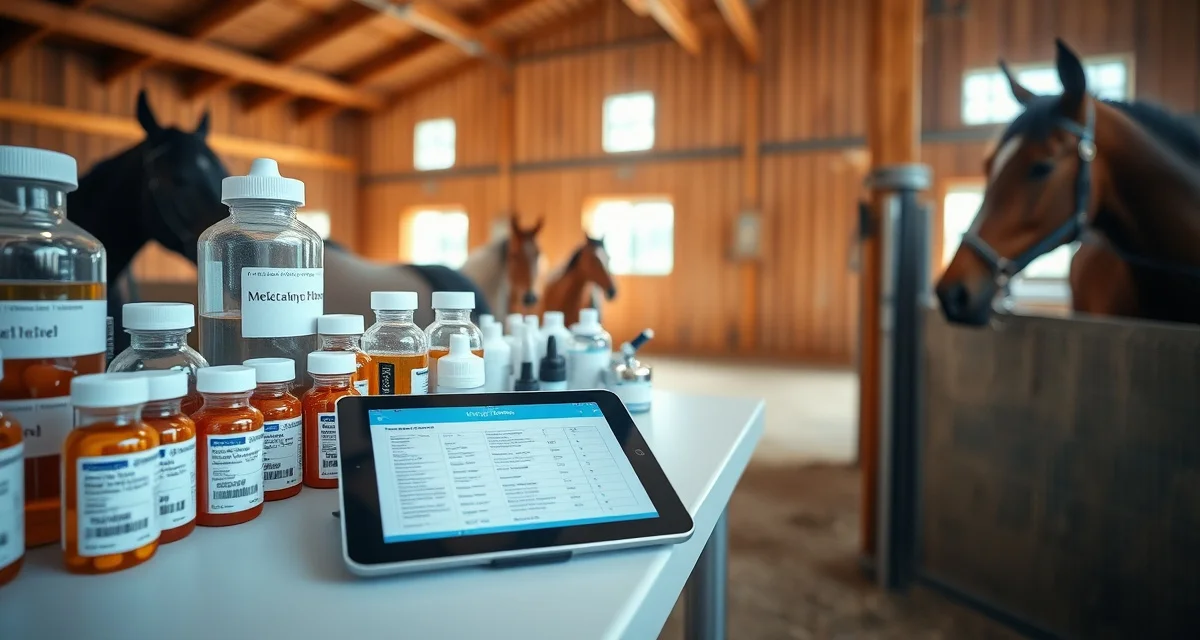 Organized medication tracking system for horses showing labeled bottles, syringes, and digital records management in a professional barn setting.