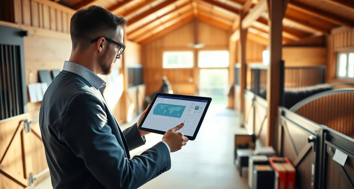 Equestrian facility manager using barn operations management software on tablet to oversee scheduling and horse care systems