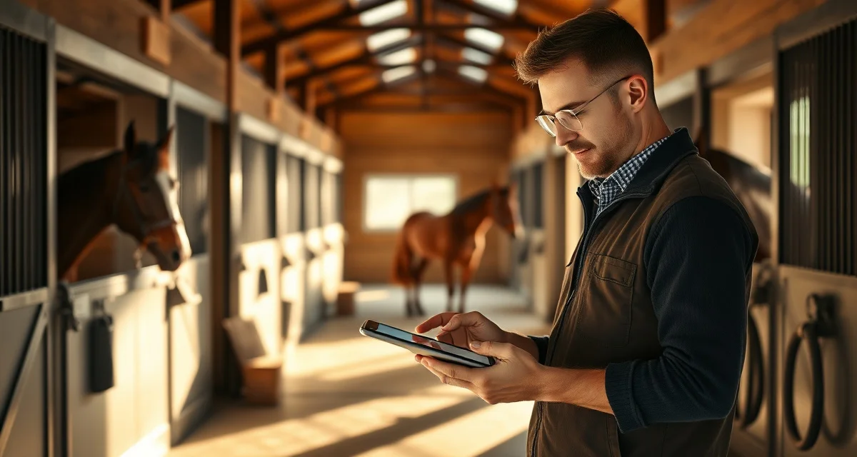 Barn manager using digital communication tools to keep horse boarders informed about their horse's care