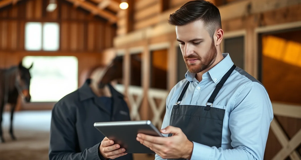 Barn manager using software to send organized horse owner updates on tablet device in stable office