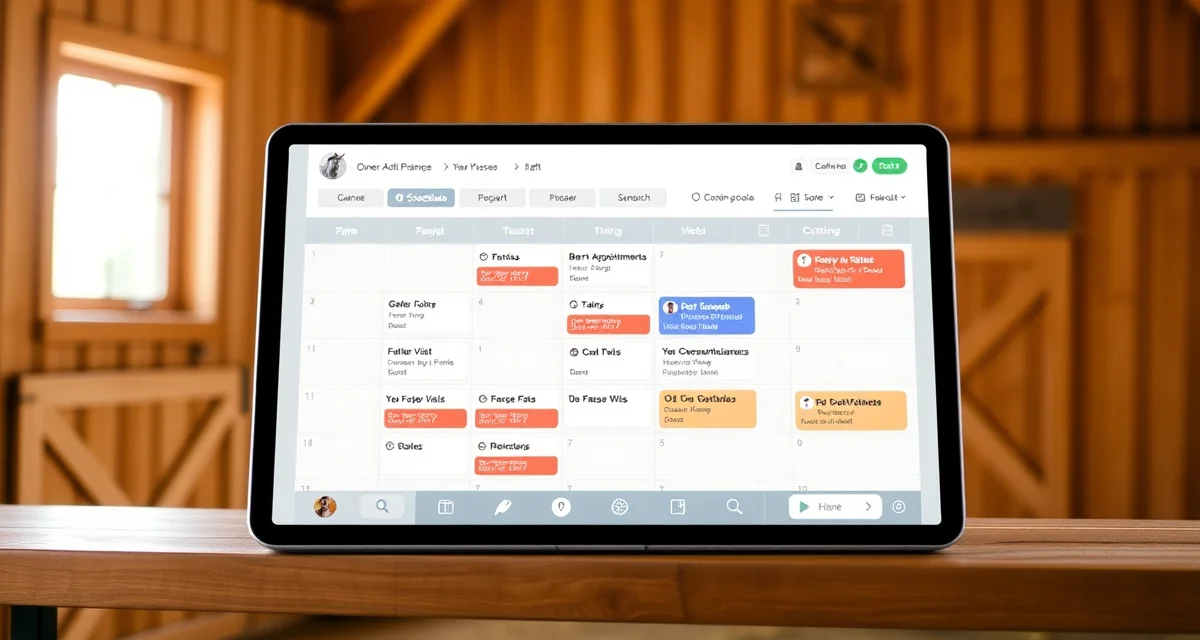 Owner portal scheduling dashboard displaying coordinated farrier, vet, and lesson appointments across multiple horses with color-coded calendar views.