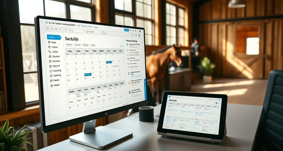 Digital barn scheduling tools dashboard displaying staff, veterinary, farrier, and turnout schedules in organized calendar interface for stable management