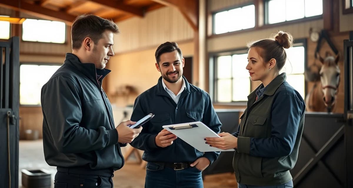 Horse barn staff reviewing shift handoff communication log to ensure continuity of equine care and operational safety between crew transitions.