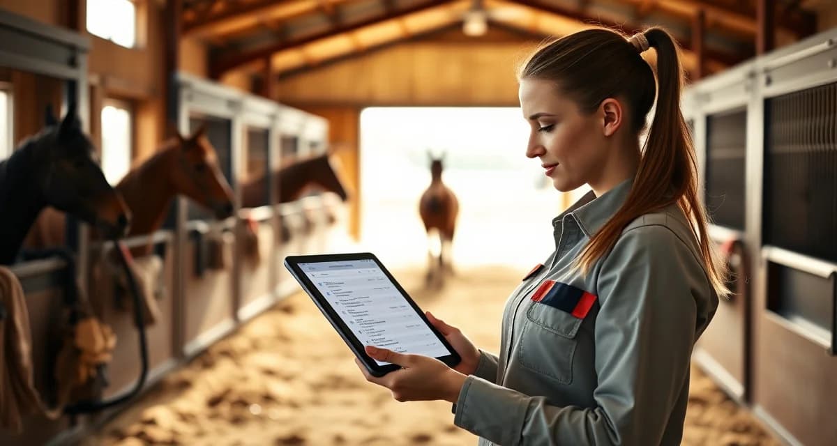 Barn manager using digital handover checklist software on tablet to ensure smooth morning to afternoon shift transition in horse stable