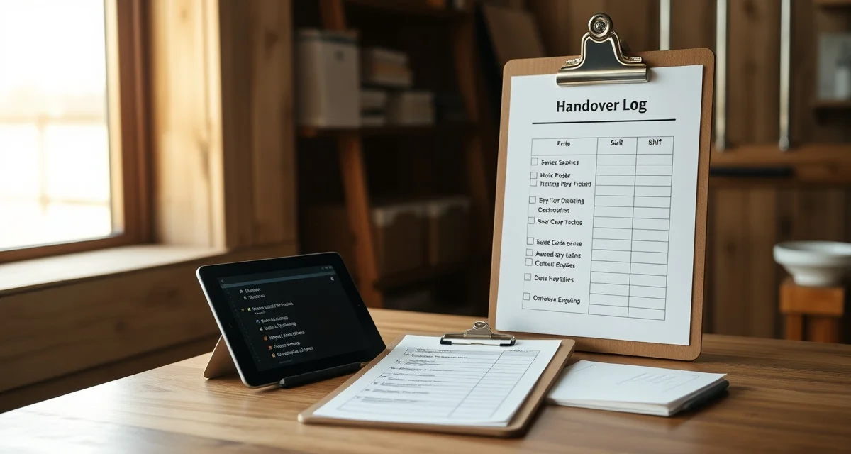Organized shift handover log on clipboard next to digital tablet in professional barn office setup with natural lighting