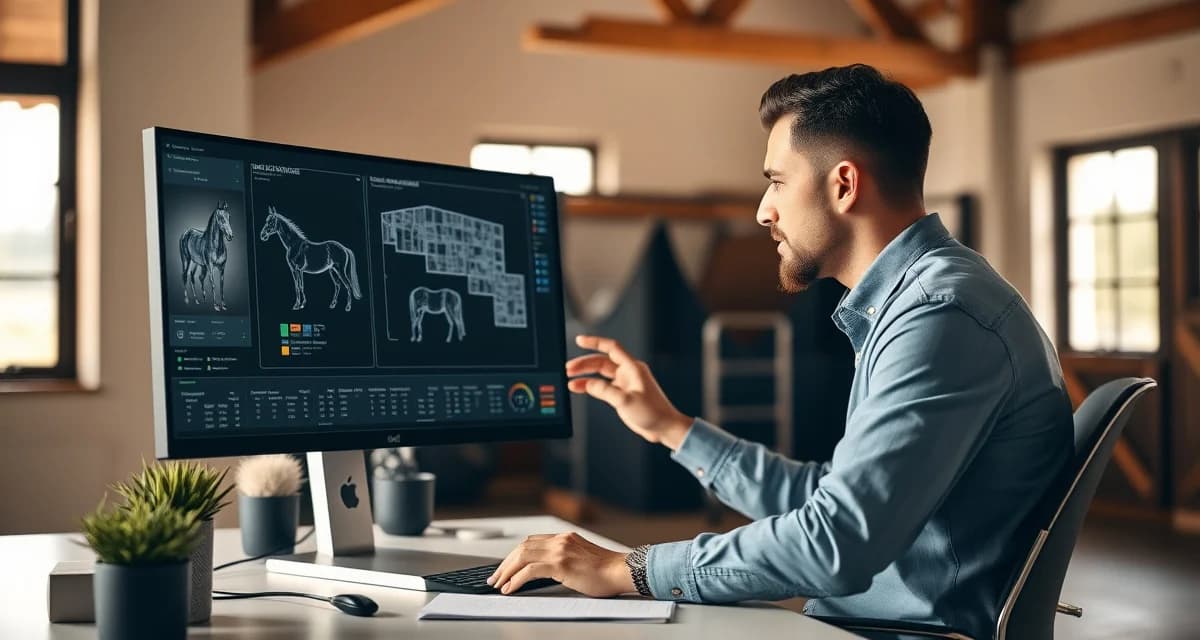 Barn manager implementing horse facility software with digital dashboard and scheduling tools on computer screen