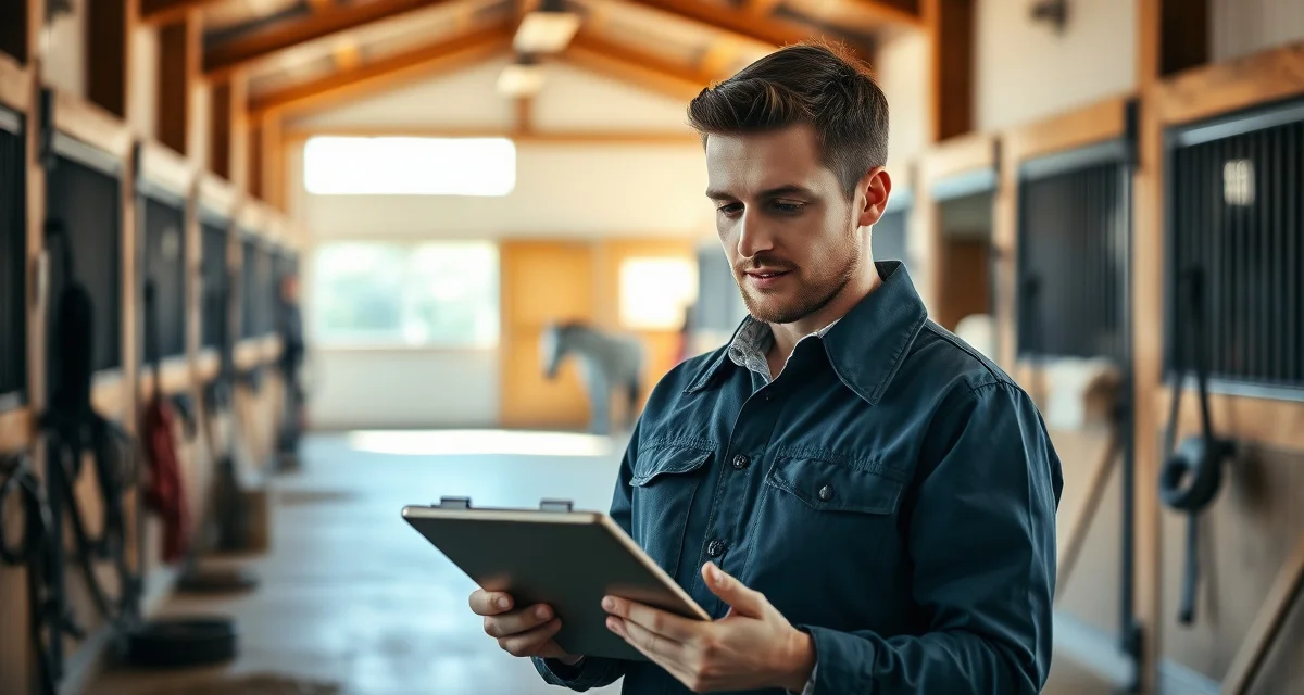 Barn manager using digital staff checklists on tablet to track daily stable operations and ensure accountability