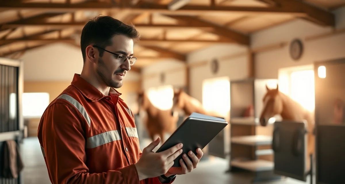 Barn manager documenting horse care procedures on tablet to reduce staff turnover through knowledge retention systems