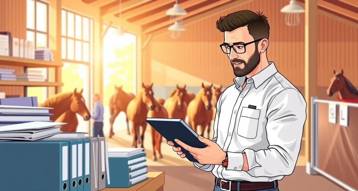 Barn manager using staff management software to organize schedules and track employee performance at an equine facility.